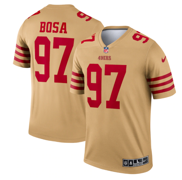 Personalized Men’s San Francisco 49ers #97 Nick Bosa 2022 New Gold Inverted Legend Stitched Football Jersey