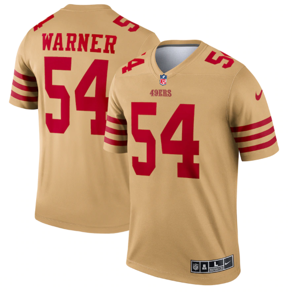 Personalized Men’s San Francisco 49ers #54 Fred Warner 2022 New Gold Inverted Legend Stitched Football Jersey
