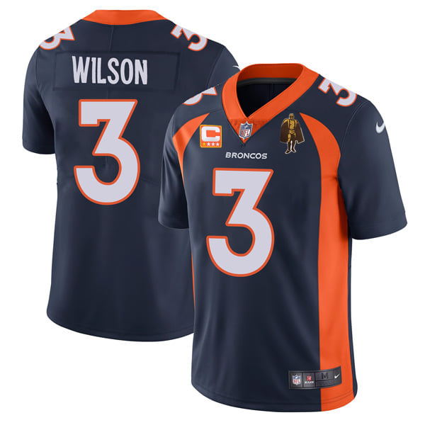 Personalized Men’s Denver Broncos #3 Russell Wilson Navy With C Patch & Walter Payton Patch Untouchable Limited Stitched Jersey