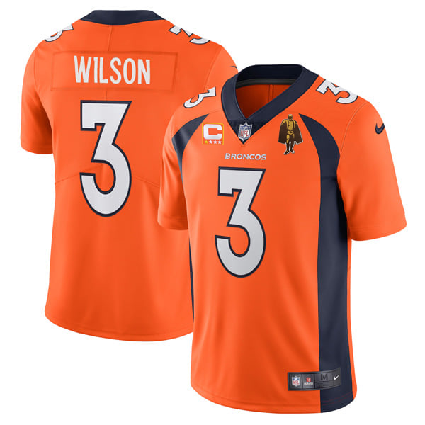 Personalized Men’s Denver Broncos #3 Russell Wilson Orange With C Patch & Walter Payton Patch Untouchable Limited Stitched Jersey
