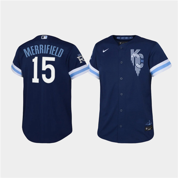 Personalized Youth Kansas City Royals #15 Whit Merrifield 2022 Navy City Connect Stitched Baseball Jersey