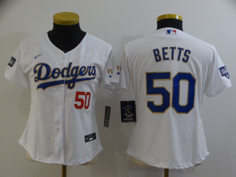 Personalized Women’s Los Angeles Dodgers #50 Mookie Betts White Gold Championship Cool Base Stitched Jersey(Run Small)