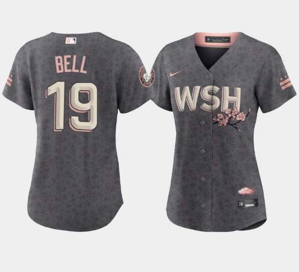 Personalized Women’s Washington Nationals #19 Josh Bell 2022 Grey City Connect Cherry Blossom Stitched Jersey(Run Small)