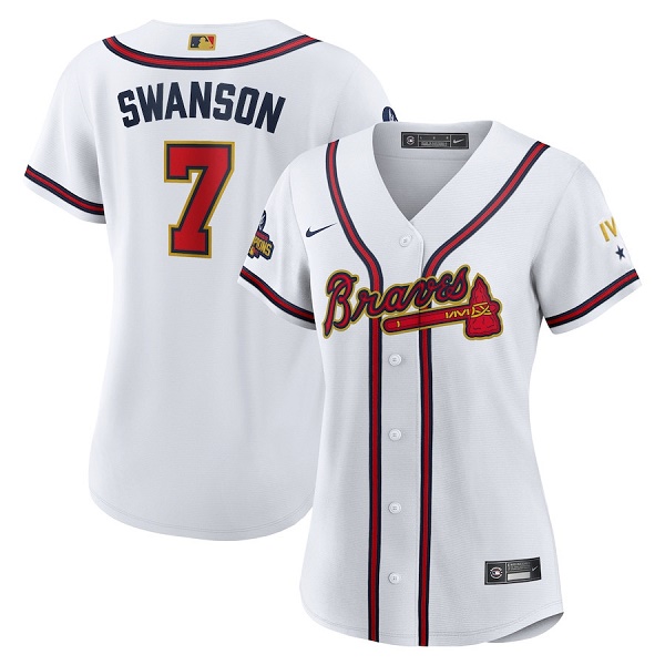 Personalized Women’s Atlanta Braves #7 Dansby Swanson 2022 White Gold World Series Champions Program Stitched Jersey(Run Small)