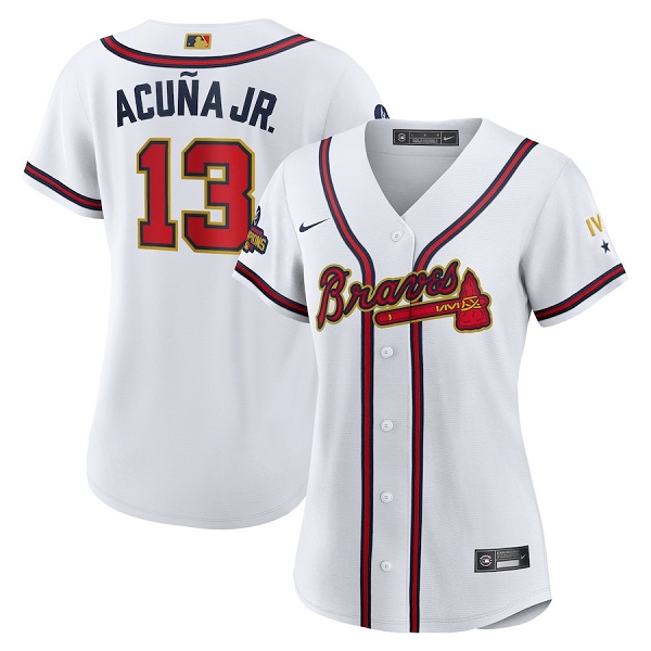 Personalized Women’s Atlanta Braves #13 Ronald Acuña Jr 2022 White Gold World Series Champions Program Stitched Jersey(Run Small)