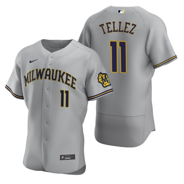 Personalized Men’s Milwaukee Brewers #11 Rowdy Tellez Grey Flex Base Stitched MLB Jersey