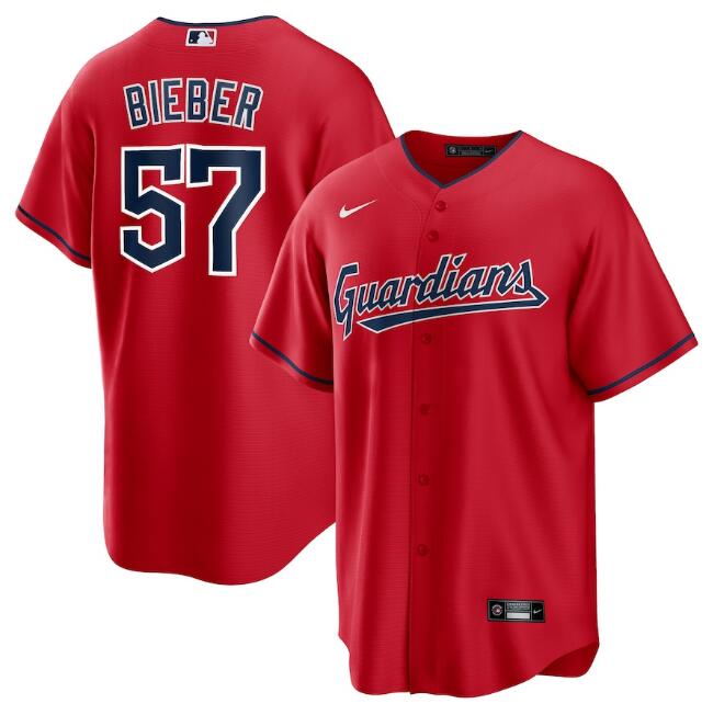 Personalized Men’s Cleveland Guardians #57 Shane Bieber Red Cool Base Stitched Baseball Jersey