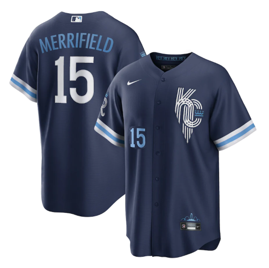 Personalized Men’s Kansas City Royals #15 Whit Merrifield 2022 Navy City Connect Cool Base Stitched Jersey