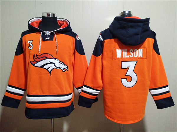 Personalized Men’s Denver Broncos #3 Russell Wilson Orange Ageless Must-Have Lace-Up Pullover Hoodie