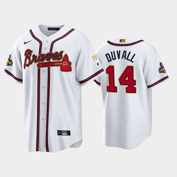 Personalized Men’s Atlanta Braves #14 Adam Duvall 2022 White Gold World Series Champions Program Cool Base Stitched Baseball Jersey