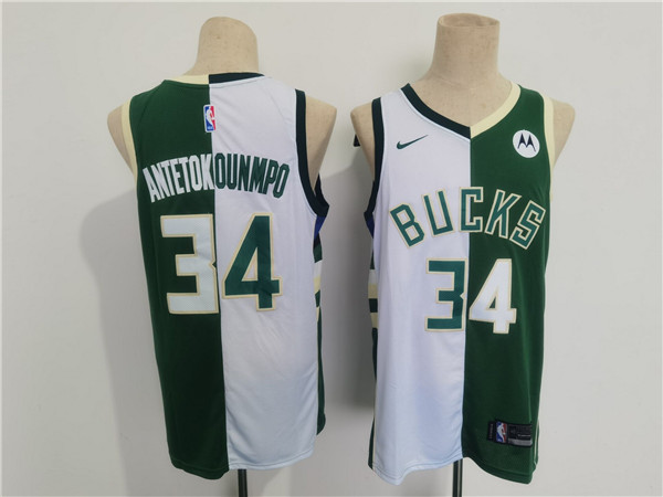 Personalized Men’s Milwaukee Bucks #34 Giannis Antetokounmpo Green White Split Stitched Basketball Jersey