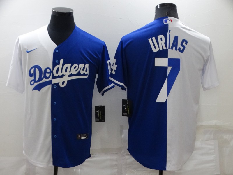 Personalized Men’s Los Angeles Dodgers #7 Julio Urias White Blue Split Cool Base Stitched Baseball Jersey