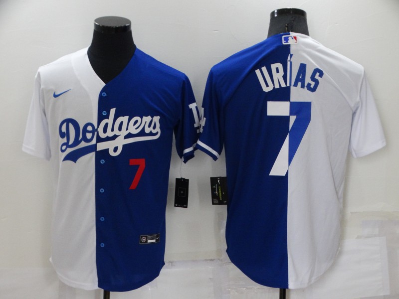 Personalized Men’s Los Angeles Dodgers #7 Julio Urias White Blue Split Cool Base Stitched Baseball Jerseys