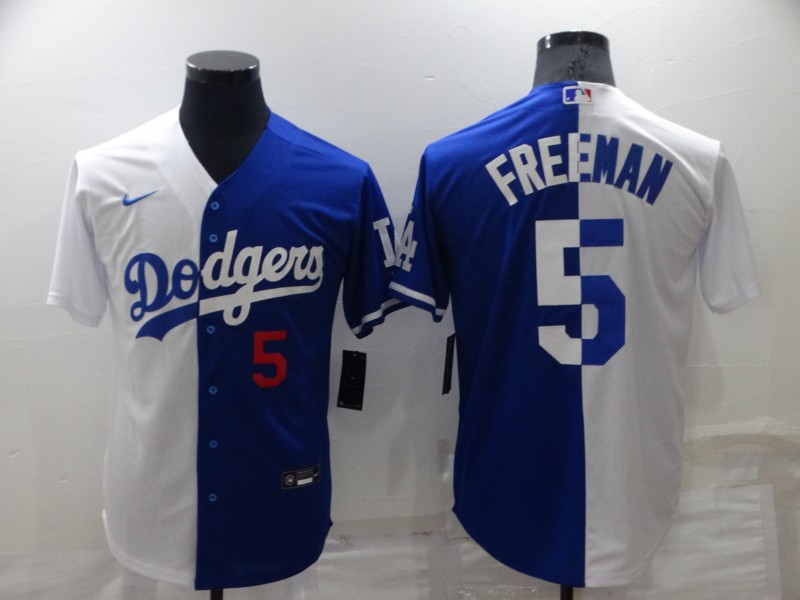 Personalized Men’s Los Angeles Dodgers #5 Freddie Freeman White Blue Split Cool Base Stitched Baseball Jerseys