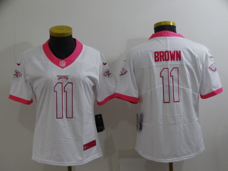 Personalized Women’s Philadelphia Eagles #11 A. J. Brown Pink White Stitched Football Jersey(Run Small)
