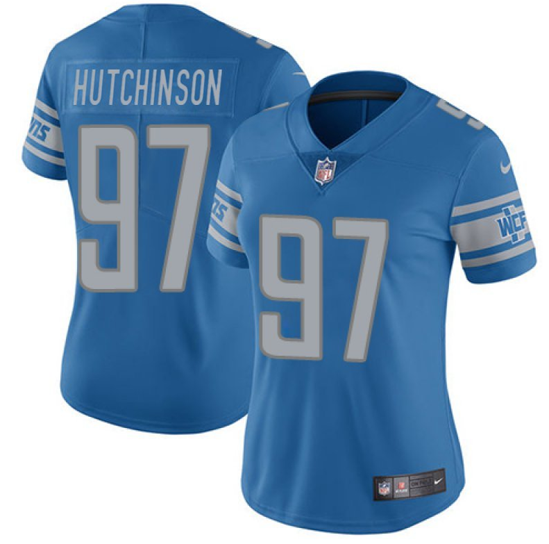 Personalized Women’s Detroit Lions #97 Aidan Hutchinson Blue Limited Stitched Football Jersey(Run Smaller)