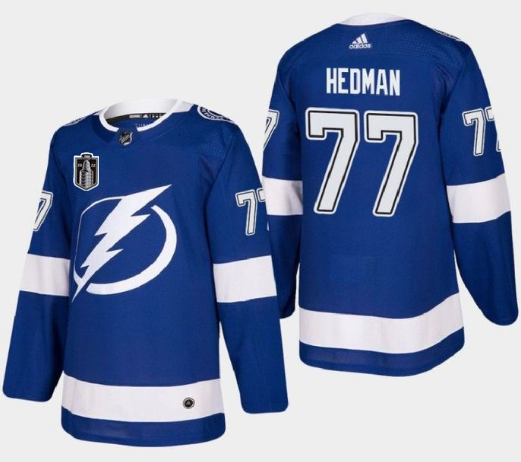 Personalized Men’s Tampa Bay Lightning #77 Victor Hedman 2022 Blue Stanley Cup Final Patch Stitched Jersey