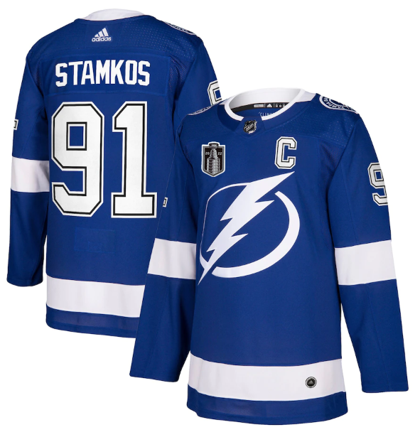 Personalized Men’s Tampa Bay Lightning #91 Steven Stamkos 2022 Blue Stanley Cup Final Patch Stitched Jersey