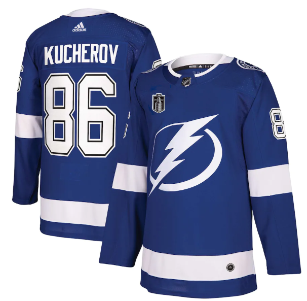Personalized Men’s Tampa Bay Lightning #86 Nikita Kucherov 2022 Blue Stanley Cup Final Patch Stitched Jersey