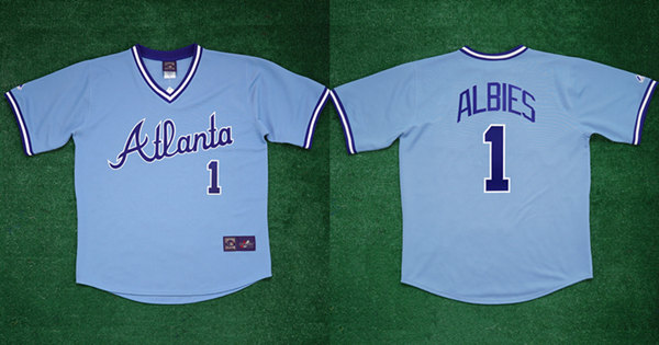Personalized Men’s Atlanta Braves #1 Ozzie Albies 1982 Light Blue Cool Base Stitched Baseball Jersey