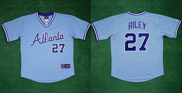 Personalized Men’s Atlanta Braves #27 Austin Riley 1982 Light Blue Cool Base Stitched Baseball Jersey
