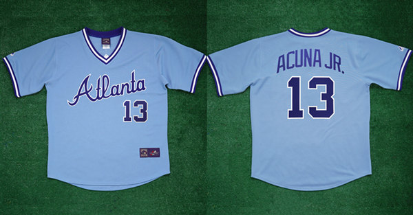 Personalized Men’s Atlanta Braves #13 Ronald Acuña Jr 1982 Light Blue Cool Base Stitched Baseball Jersey