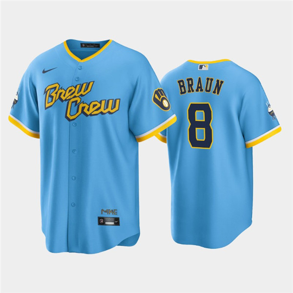 Personalized Men’s Milwaukee Brewers #8 Ryan Braun 2022 Powder Blue City Connect Cool Base Stitched Jersey