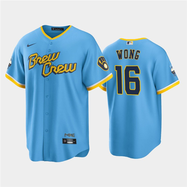 Personalized Men’s Milwaukee Brewers #16 Kolten Wong 2022 Powder Blue City Connect Cool Base Stitched Jersey