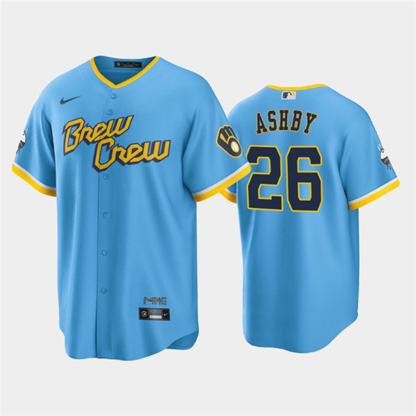 Personalized Men’s Milwaukee Brewers #26 Aaron Ashby 2022 Powder Blue City Connect Cool Base Stitched Jersey