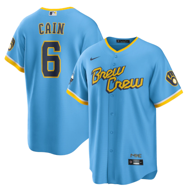 Personalized Men’s Milwaukee Brewers #6 Lorenzo Cain 2022 Powder Blue City Connect Cool Base Stitched Jersey