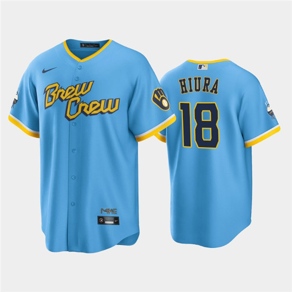 Personalized Men’s Milwaukee Brewers #18 Keston Hiura 2022 Powder Blue City Connect Cool Base Stitched Jersey