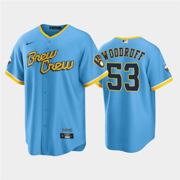 Personalized Men’s Milwaukee Brewers #53 Brandon Woodruff 2022 Powder Blue City Connect Cool Base Stitched Jersey