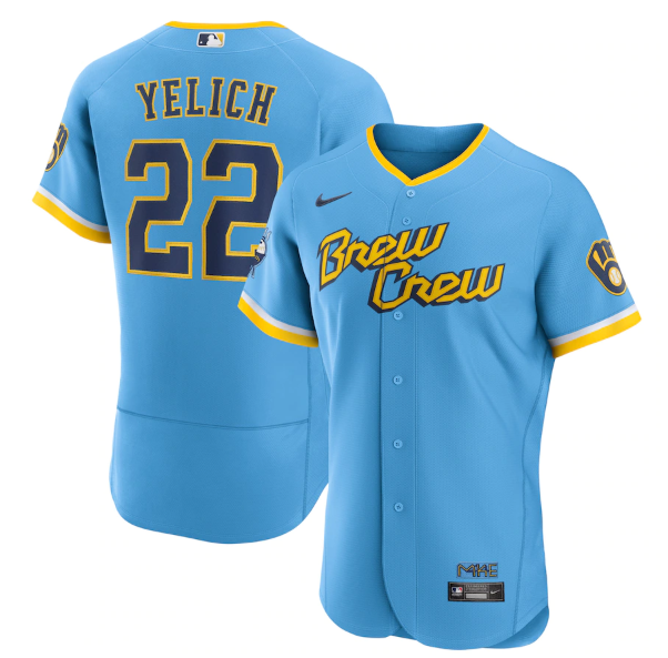 Personalized Men’s Milwaukee Brewers #22 Christian Yelich Powder Blue 2022 City Connect Flex Base Stitched MLB Jersey