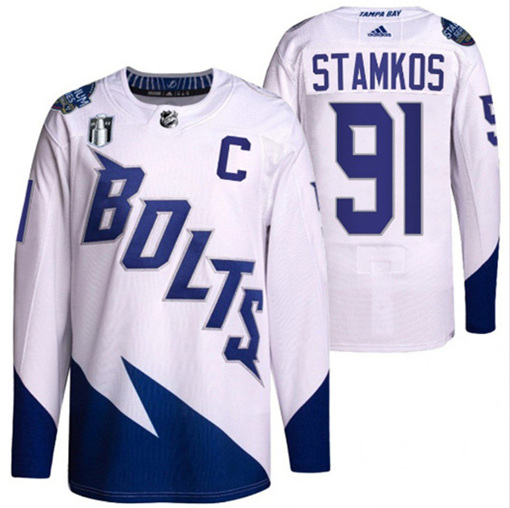 Personalized Men’s Tampa Bay Lightning #91 Steven Stamkos 2022 White Stanley Cup Final Patch Stitched Jersey