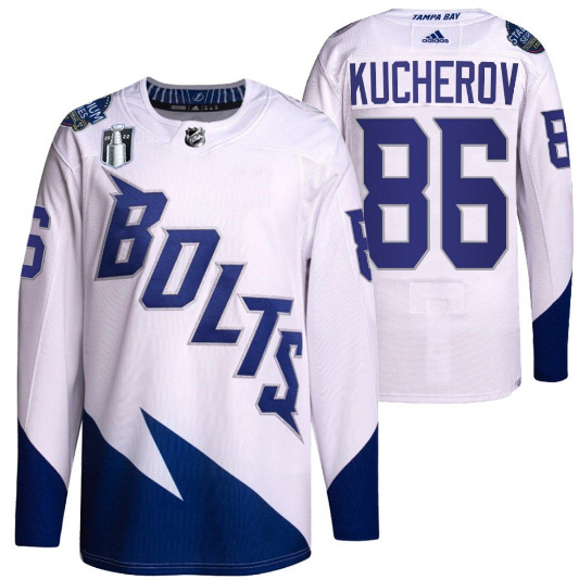 Personalized Men’s Tampa Bay Lightning #86 Nikita Kucherov 2022 White Stanley Cup Final Patch Stitched Jersey