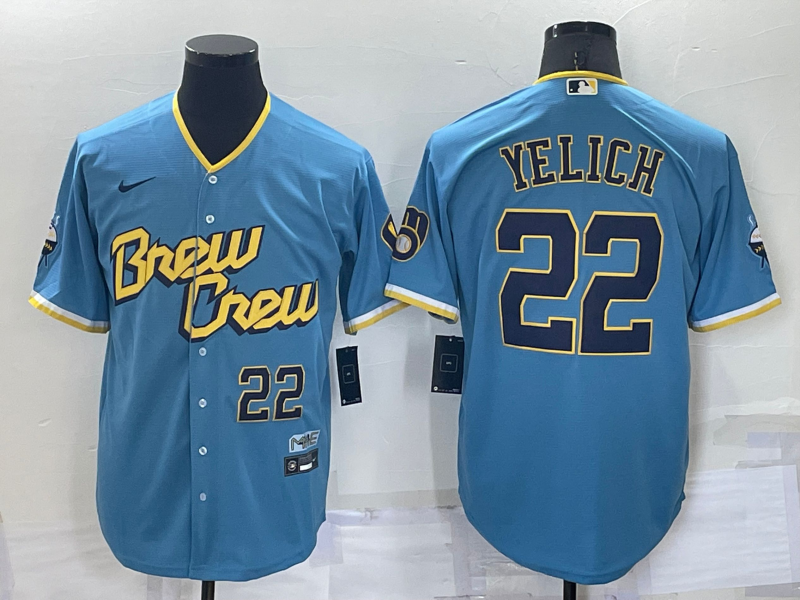 Personalized Men’s Milwaukee Brewers #22 Christian Yelich 2022 Powder Blue City Connect Cool Base Stitched Jersey