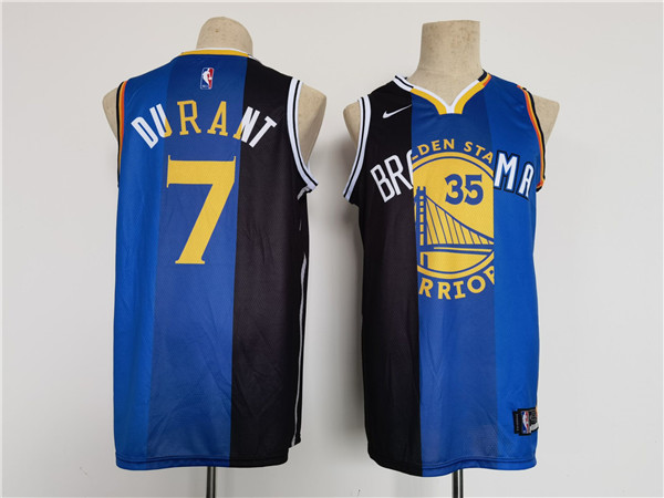 Personalized Men’s Brooklyn Nets Thunder Warriors #7 Kevin Durant White Blue Black Splite Throwback Basketball Jersey