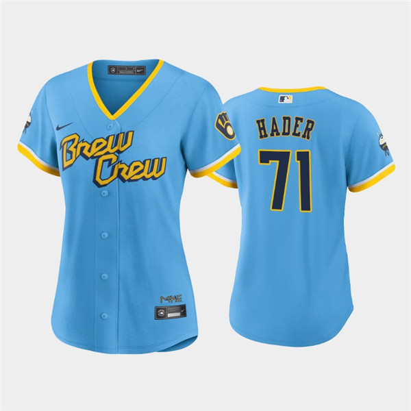 Personalized Women’s Milwaukee Brewers #71 Josh Hader 2022 Powder Blue City Connect Cool Base Stitched Jersey(Run Small)