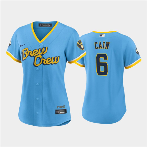 Personalized Women’s Milwaukee Brewers #6 Lorenzo Cain 2022 Powder Blue City Connect Cool Base Stitched Jersey(Run Small)
