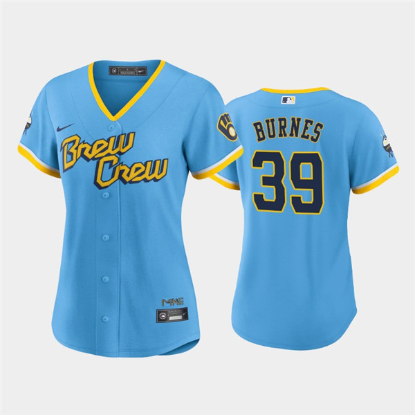 Personalized Women’s Milwaukee Brewers #39 Corbin Burnes 2022 Powder Blue City Connect Cool Base Stitched Jersey(Run Small)