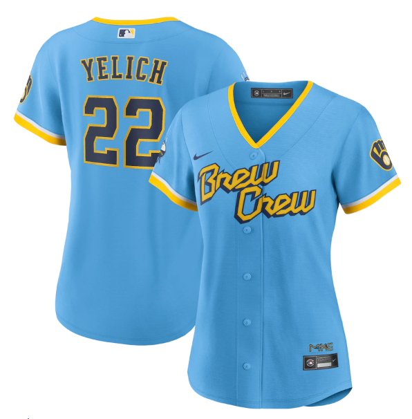Personalized Women’s Milwaukee Brewers #22 Christian Yelich 2022 Powder Blue City Connect Cool Base Stitched Jersey(Run Small)