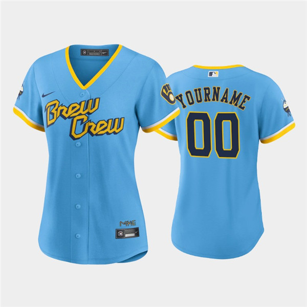 Personalized Women’s Milwaukee Brewers Active Player 2022 Powder Blue City Connect Cool Base Stitched Jersey(Run Small)