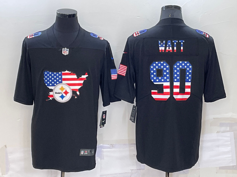 Personalized Men’s Pittsburgh Steelers #90 T.J. Watt Black USA Flag Limited Stitched Jersey