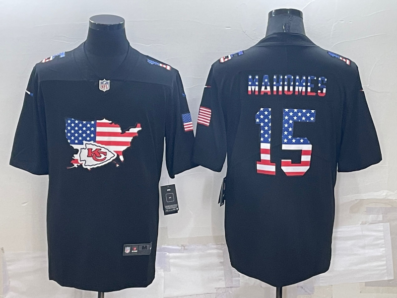 Personalized Men’s Kansas City Chiefs #15 Patrick Mahomes Black USA Flag Limited Stitched Jersey