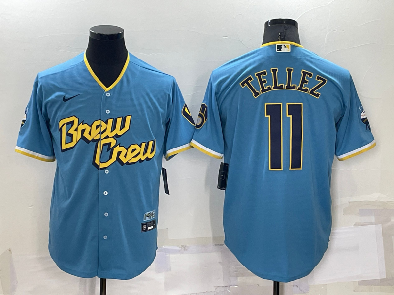 Personalized Men’s Milwaukee Brewers #11 Rowdy Tellez 2022 Powder Blue City Connect Cool Base Stitched Jersey