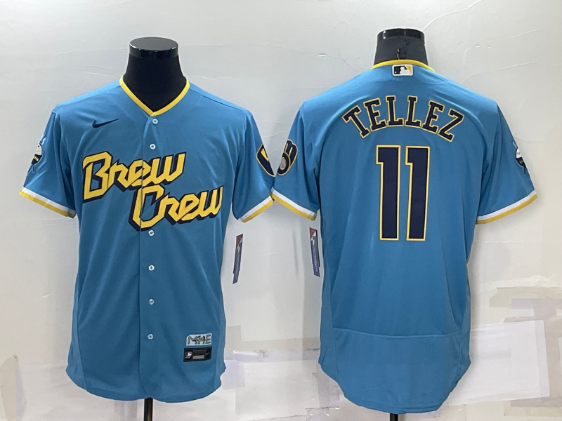 Personalized Men’s Milwaukee Brewers #11 Rowdy Tellez 2022 Powder Blue City Connect Flex Base Stitched Jersey