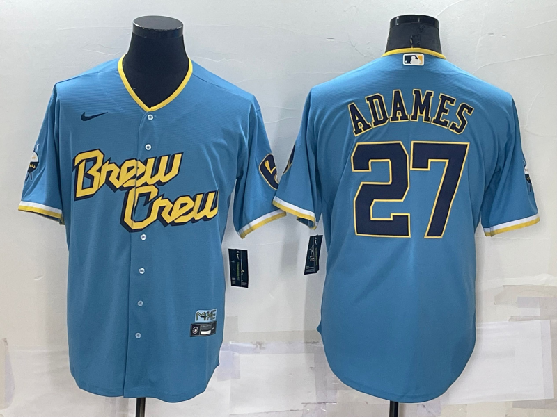 Personalized Men’s Milwaukee Brewers #27 Willy Adames 2022 Powder Blue City Connect Cool Base Stitched Jersey