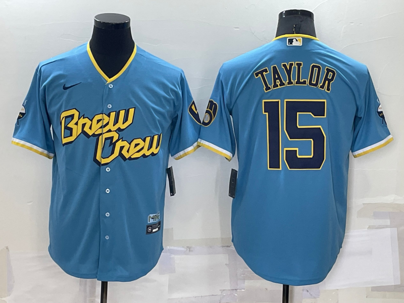 Personalized Men’s Milwaukee Brewers #15 Tyrone Taylor 2022 Powder Blue City Connect Cool Base Stitched Jersey