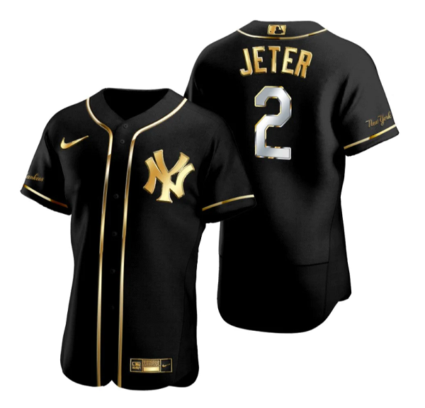 Personalized Men’s New York Yankees #2 Derek Jeter Black Gold Flex Base Stitched Baseball Jersey