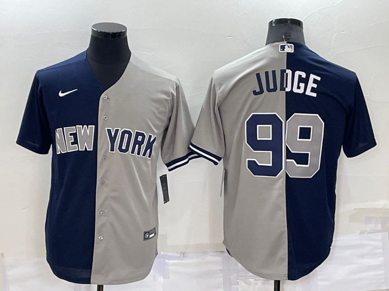 Personalized Men’s New York Yankees #99 Aaron Judge Navy Grey Split Cool Base Stitched Baseball Jersey